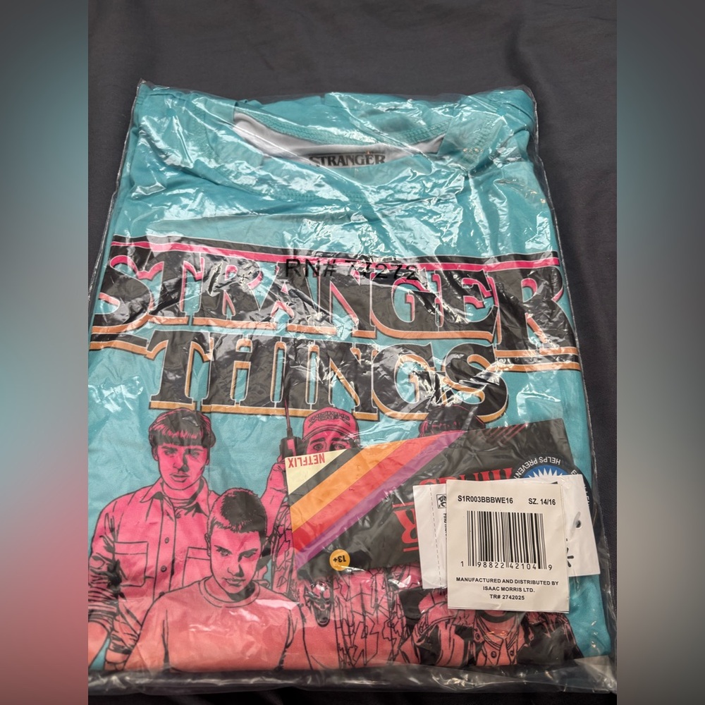 Children’s Stranger Things Retro Logo Tee in Turquoise and Pink-Size 14/16